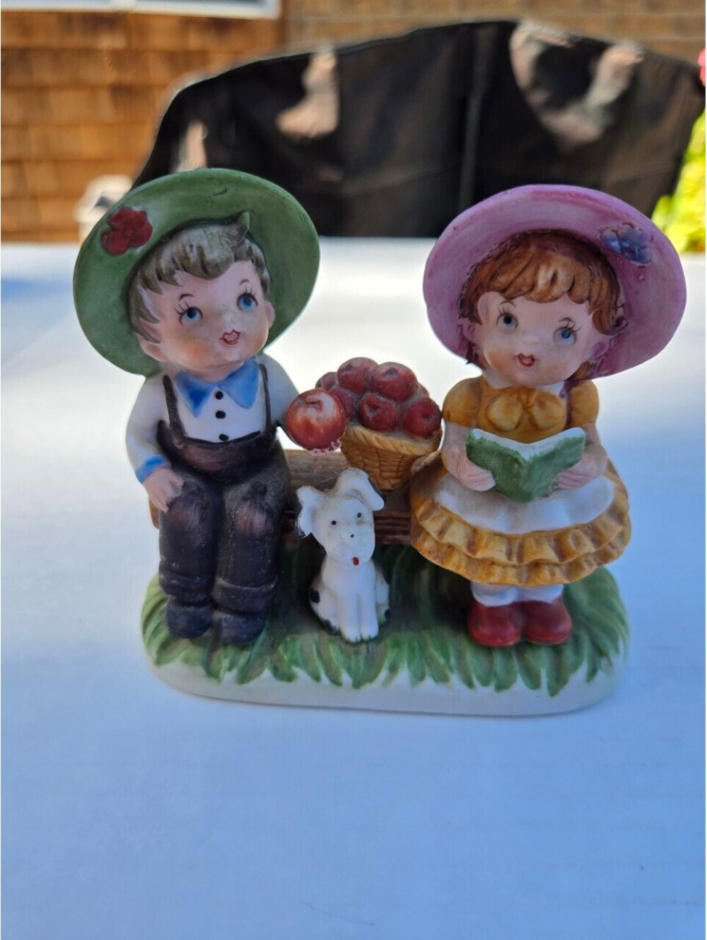 Vintage Boy & Girl with Apples and Puppy Figurine Cottagecore Farmhouse Decor